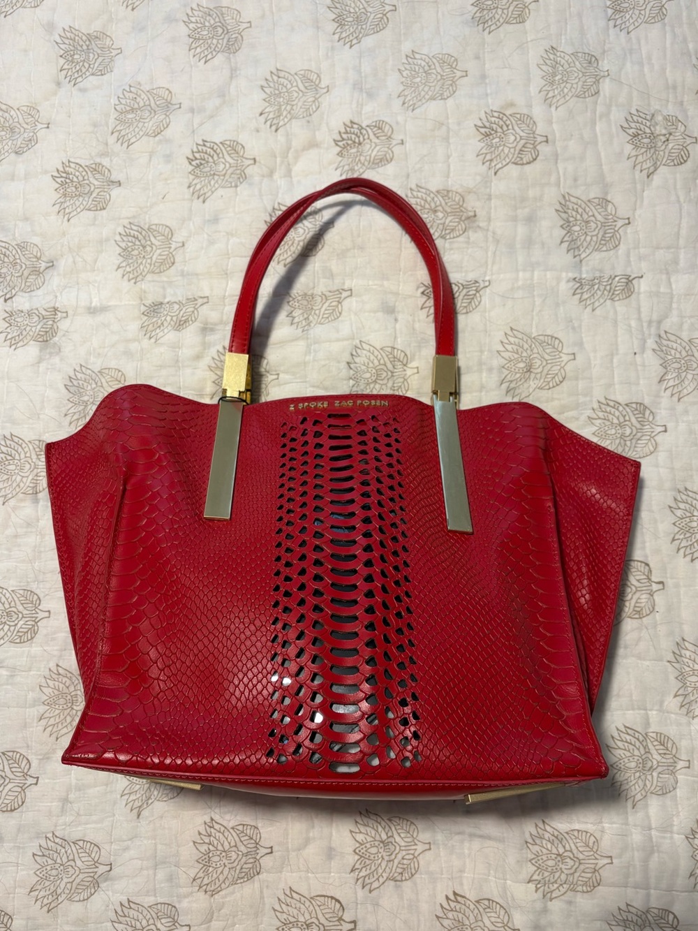 Zac Posen Red Textured Laser-Cut Tote with Gold Hardware